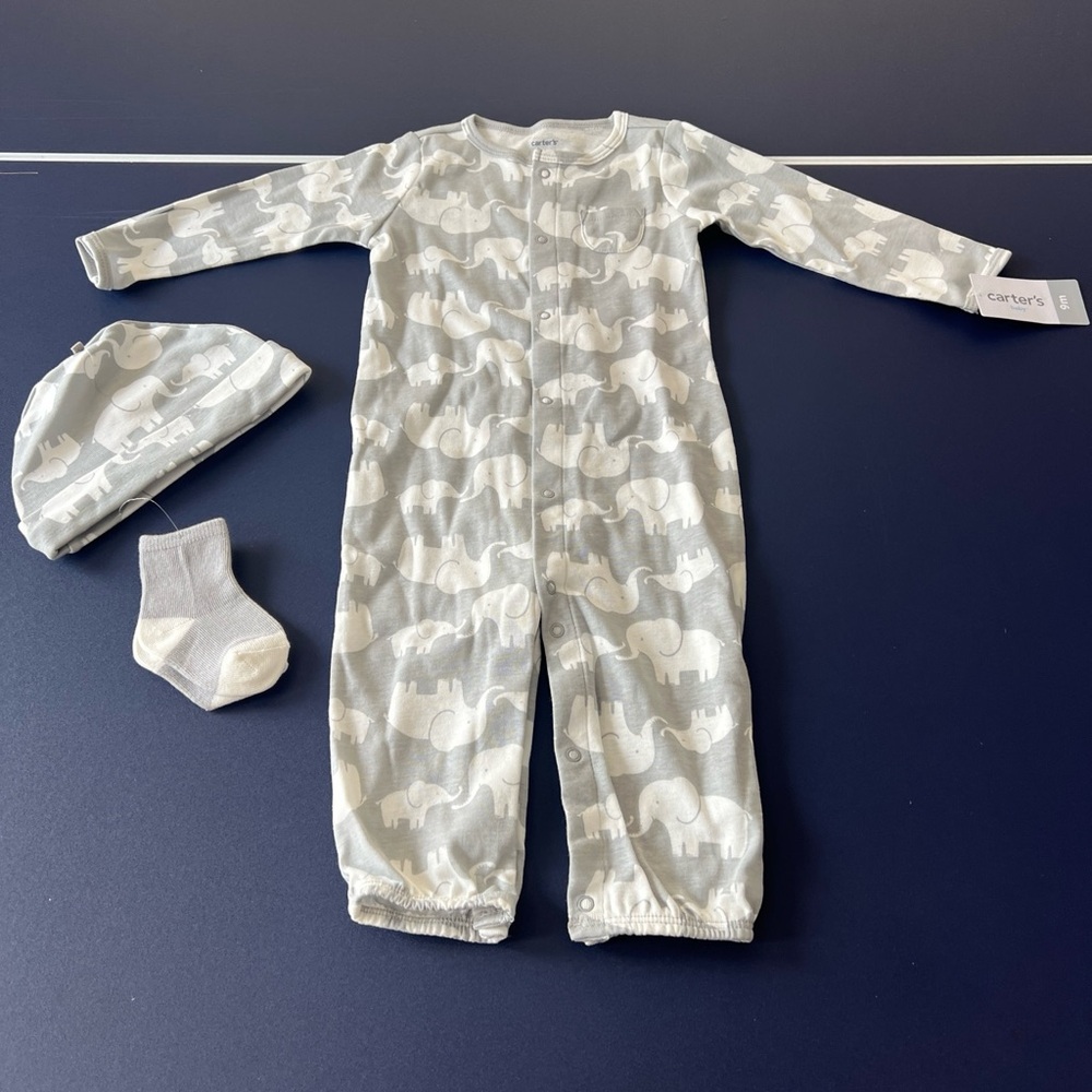 Carter's Baby Boy‎ 3-Piece Elephant Take Home Unisex Set Gray & White 9 Months